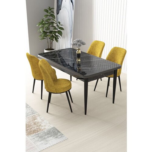Hanah home Nil - Black Marble, Mustard Black MarbleMustard Dining Table & Chairs Set (5 Pieces) Cene