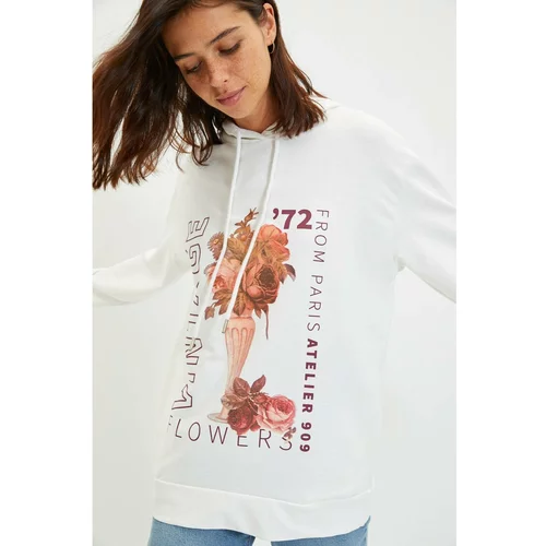Trendyol Ecru Printed Boyfriend Hooded Knitted Sweatshirt