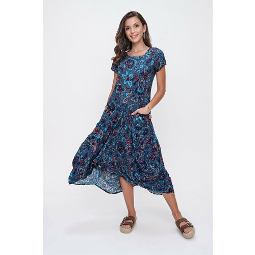 By Saygı Floral Pattern Tasseled Double Pocket Asymmetric Dress Blue Slike