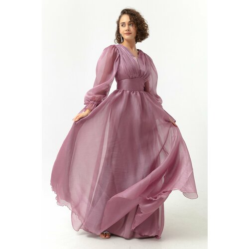 Lafaba Women's Lavender Balloon Sleeve V-neck Long Evening Dress. Cene