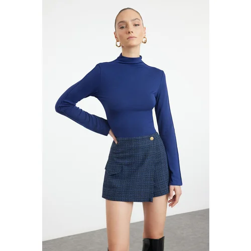 Trendyol Navy Blue Fitted Viscose Soft Fabric Long Sleeve High Collar Knitted Blouse