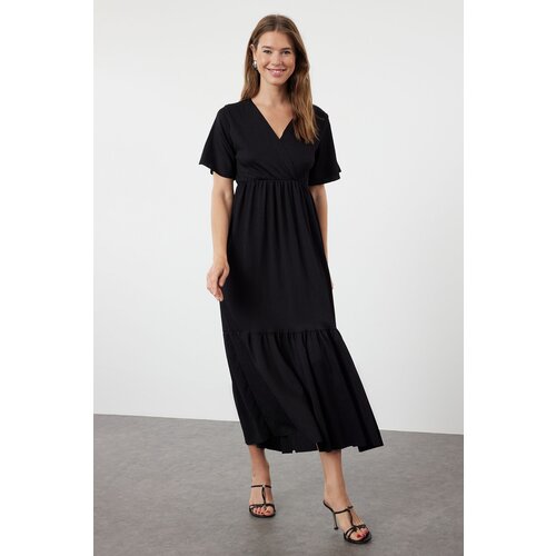  Black Plain Maxi Double Breasted Skirt Ruffle Textured Short Sleeve Flexible Knitted Maxi Dress Knit Dress Cene