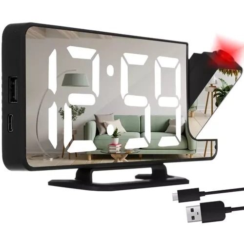  Izoxis-LED budilnik s projektorom i ogledalom &amp;ndash; 4u1 digitalni sat, USB-C, crni Slike