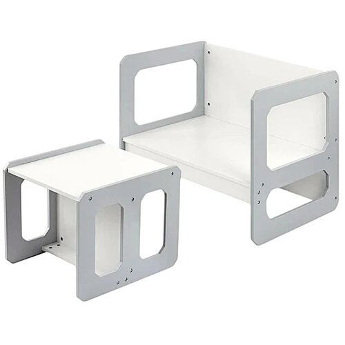 Kinder Home Montesori dečiji sto i stolica drveni set 3 u 1, belo sivi Slike