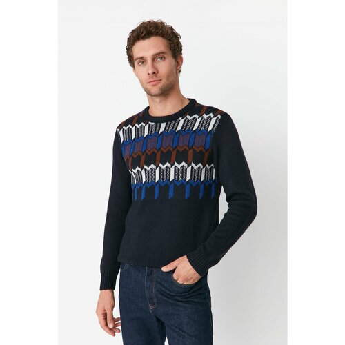 Trendyol Navy Blue Men's Slim Fit Crew Neck Patterned Knitwear Sweater Cene
