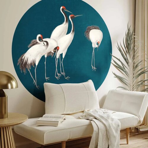  Okrugla fototapeta - Evening by the pond - a group of cranes drawn in dry pastel on a dark turquoise background 280x280 Cene
