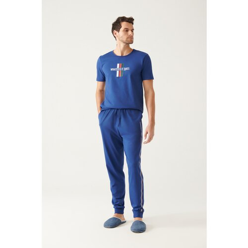 Avva Men's Indigo Crew Neck 100% Cotton Special Boxed Short Sleeve Pajamas Set Cene