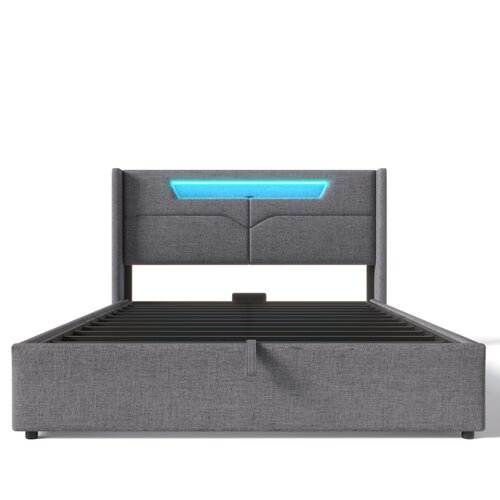 Lumor Oblazinjena postelja s predalom 160x200 cm iz lanenega blaga – z LED in priključki za polnjenje – siva, (22151445) Cene