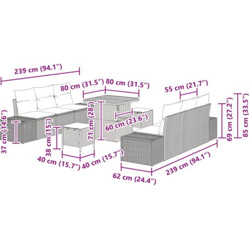  Vrtna garnitura - 9-dijelni set vrtnih sofa s jastučićima bež poli ratan akacije Slike