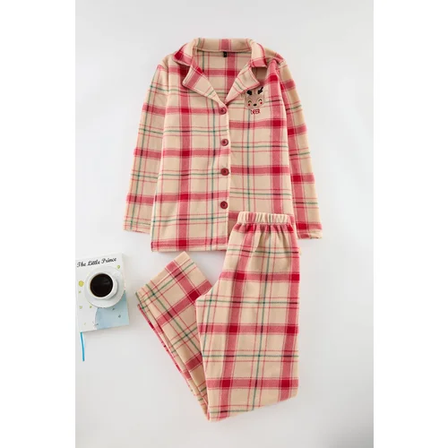 Trendyol Red Embroidered Plaid Polar Fleece Knitted Pajama Set