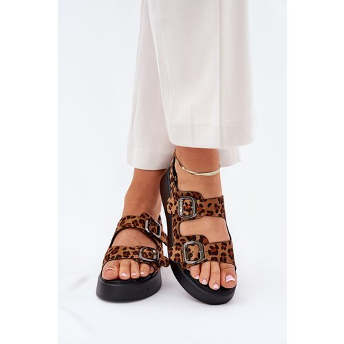 Boto Ladies Platform And Wedge Sandals With Buckles Leopard Brown Genorre Cene