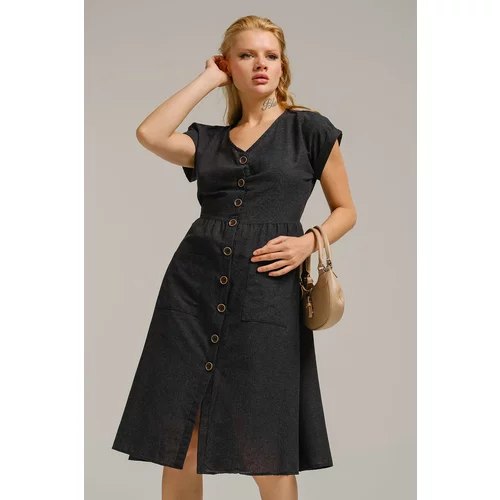armonika Women's Smoky Patterned V-Neck Buttoned Midi Length Dress