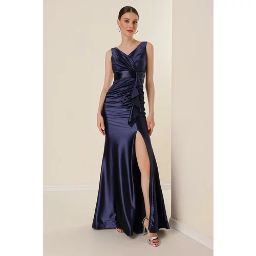 By Saygı Wide Body Interval Long Satin Dress with Flounce Front Draped