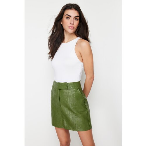 Trendyol Khaki Premium Mini A-Line Weave Faux Leather Skirt Cene