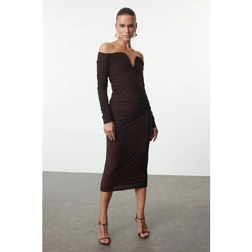 Trendyol Brown Body-Smoothing Carmen Collar Knitted Dress