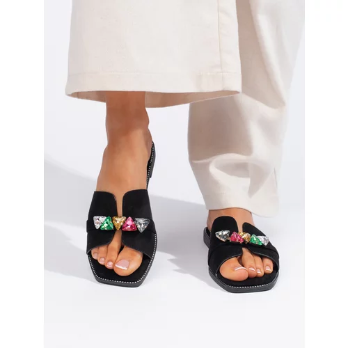 Shelvt Black women's flip-flops with pebbles