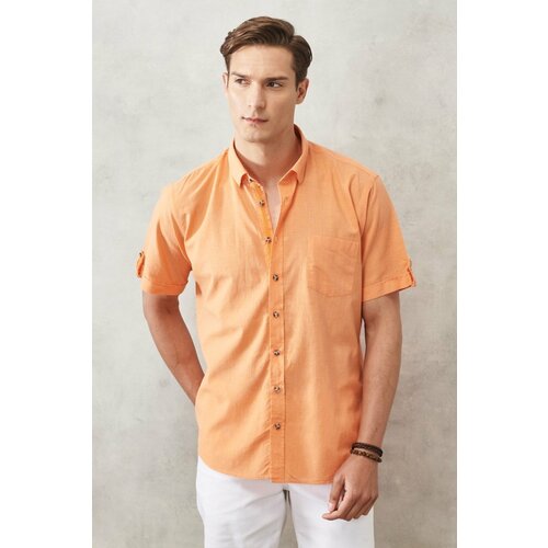 AC&Co / Altınyıldız Classics Men's Orange Comfort Fit Button-down Collar Linen Look 100% Cotton Short Sleeve Shirt. Slike