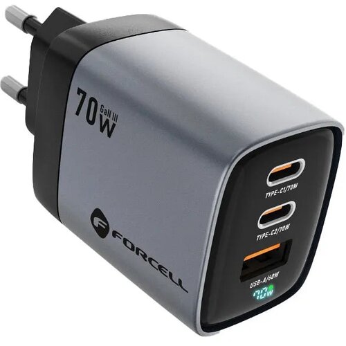 Forcell F-ENERGY GaN III VT-37 omrežni polnilec z LCD zaslonom 2 x Type C + USB A PD QC4.0 SAM SFC2.0 3.45A 70W siv Slike