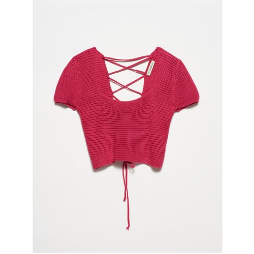 Dilvin 10164 Square Collar Lace-Up Short Sleeve Sweater-fuchsia Slike