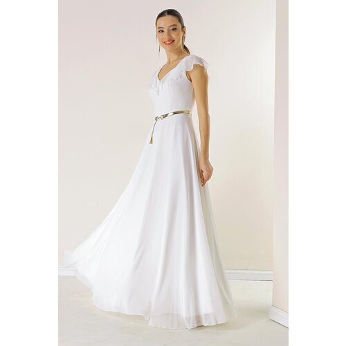 By Saygı Flounce Collar Waist Belt Lined Long Chiffon Dress Cijene