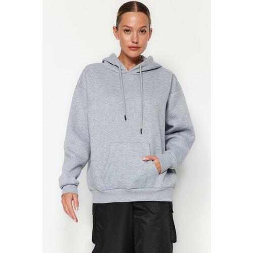 Trendyol Gray Melange Thick Fleece Inside Oversize/Wide Fit Hoodie Basic Knitted Sweatshirt Slike
