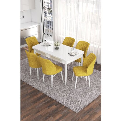 Hanah home Eva - White, Mustard WhiteMustard Extendable Dining Table & Chairs Set (7 Pieces) Cene