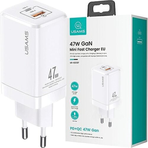 Usams T41 OMREŽNI POLNILEC USB-C USB POLNILEC 47W PD QC HITRO POLNJENJE BEL, (21974875) Cene