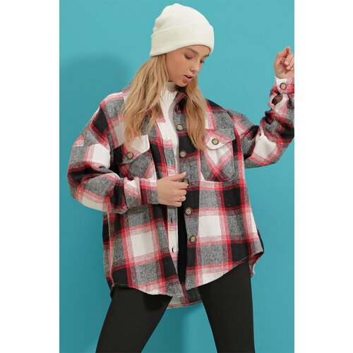 Trend Alaçatı Stili Women's Dry Rose Checkered Stamped Cotton Oversize Jacket Shirt Slike