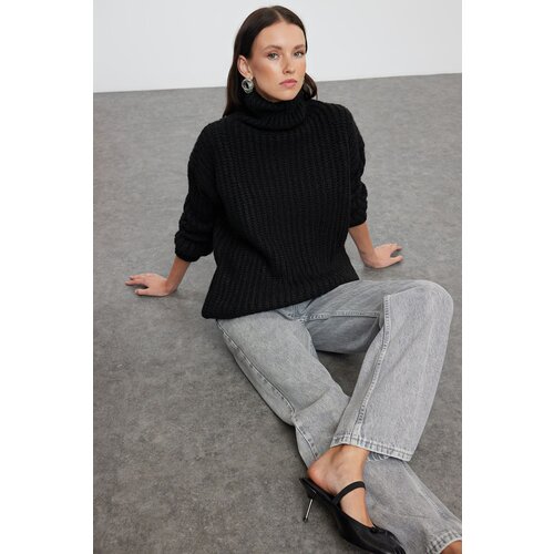 Trendyol Black Wide Fit Soft Textured Basic Knitwear Sweater Slike