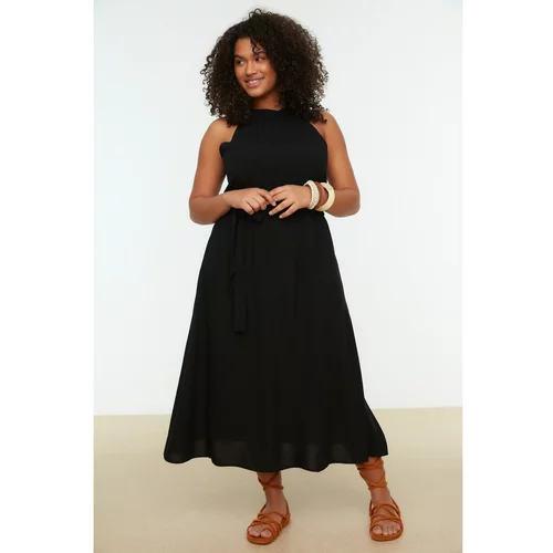 Trendyol Curve Black Halter Neck Belted Woven Dress