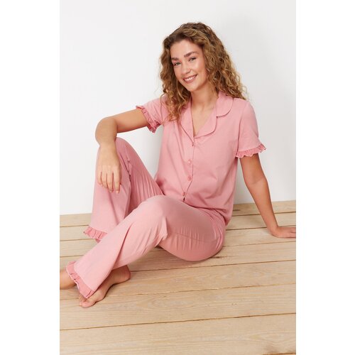 Trendyol Pale Pink 100% Cotton Ruffle Detail Knitted Pajamas Set Slike