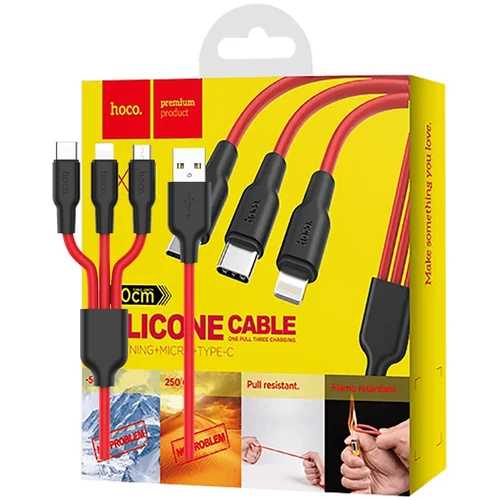 hoco. USB kabl, 3in1, microUSB, type C, Lightning, 1.2 met., 2 A – X21 Silicone 3in1, Black/Red