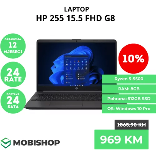 Garancija:12 mjeseci Laptop HP 255 G8 15.6 R5-5500 8GB 512GB SSD Win10Pro ITA