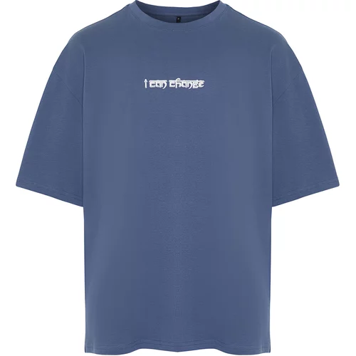 Trendyol Men's Indigo Oversize Text Printed 100% Cotton T-Shirt