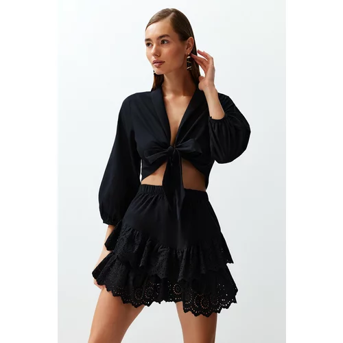 Trendyol Black Mini Woven Ruffle 100% Cotton Skirt