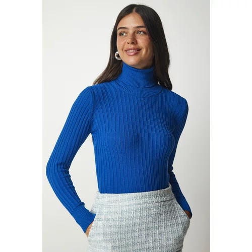 Happiness İstanbul Women's Blue Turtleneck Basic Corduroy Sweater