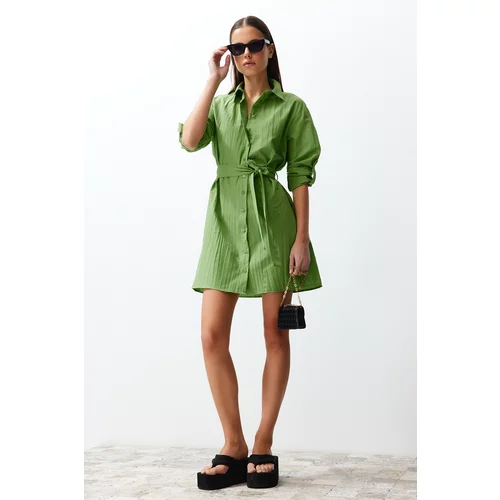 Trendyol Green Belted Mini Fabric Textured Woven Shirt Dress