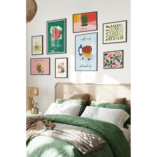 Wallxpert set od 8 uramljenih slika Çgs-046, voćni motivi u zelenoj i roze – jagode, mleko, kaktus i biljne šare, crni ram Cene