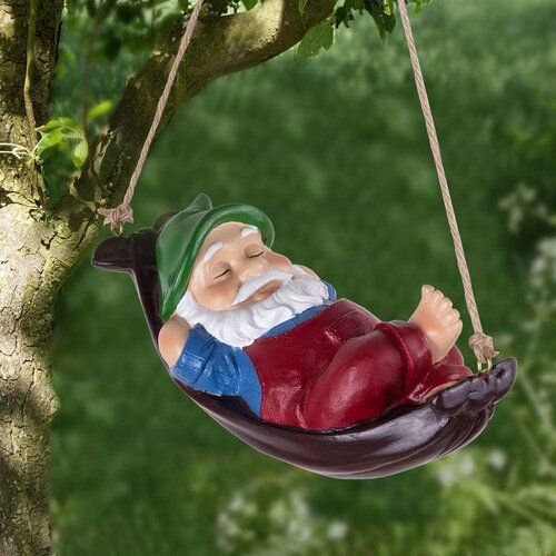 Generic Fun Garden Gnome, Cute Gnome Decorative Outdoor Hanging Statue, Sleeping Gnome in Swing Leaves Hammock Resin Tree Ornament Statue for Stump Branches Lawn Yard Decoration, (21065462) Cene