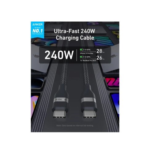 Anker USB tip-C kabl M/M 1.8m, za Super brzo punjenje 240W/480Mbps, pleteni, crni Slike