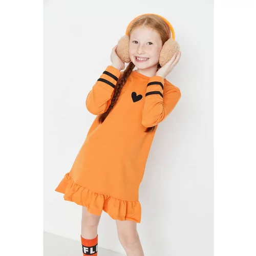 Trendyol Orange Stripe Detailed Embroidery Girl Knitted Dress