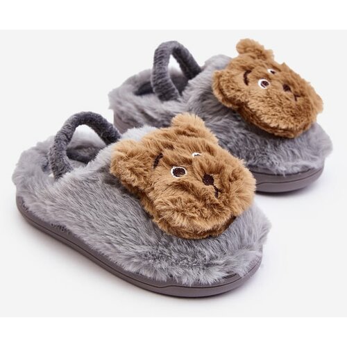 Kesi Children's fur slippers with teddy bear, Grey Dicera Slike
