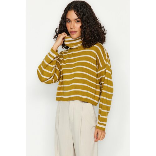 Trendyol Mustard Crop Striped Knitwear Sweater Slike