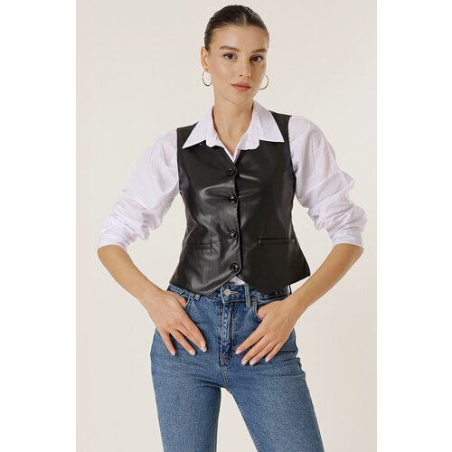 By Saygı front buttoned pocket lined leather vest Slike