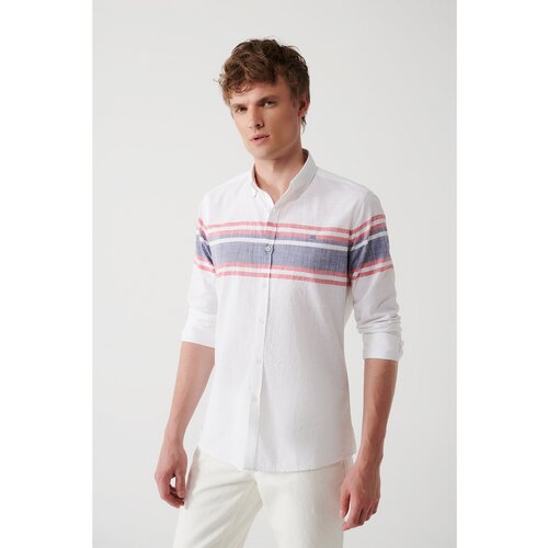 Avva men's gray buttoned collar 100% cotton linen look board pattern slim fit slim fit shirt Cene