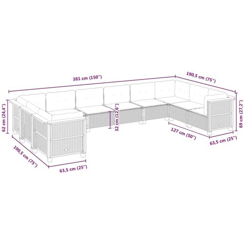 VidaXL 10-dijelni set vrtnih sofa s jastucima bež od poliratana Slike