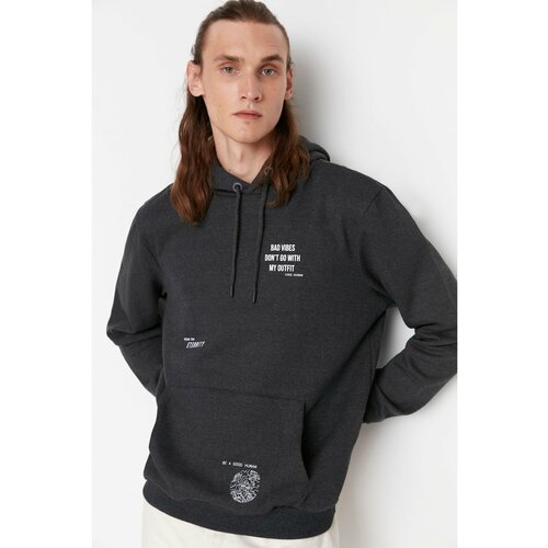 Trendyol Anthracite Men Regular Fit Hoodie Printed Sweatshirt Cene