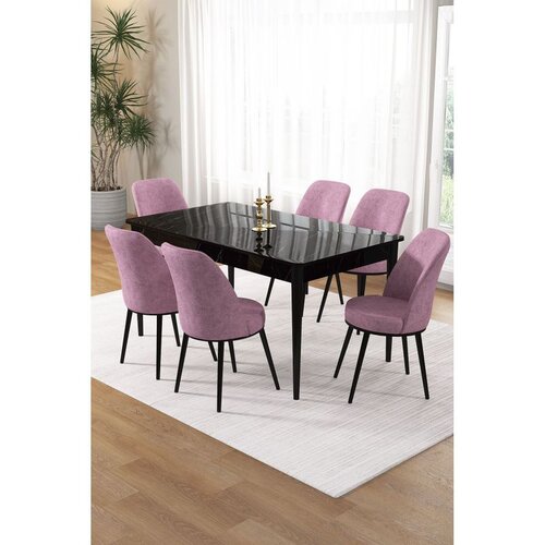Hanah home trpezarijski set Pir, sto i 6 stolica, ploča u dekoru crnog mermera, roze tkanina Babyface Cene
