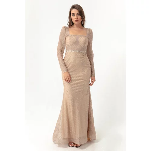 Lafaba Women's Beige Square Neck Stoned Belted Long Evening Dress.