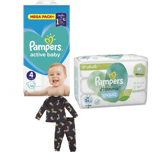 Pampers Pelene Active baby 4, MB, 9-14 kg, 132/1+Vlažne maramice Harmonie, 3x48 komada+DeFacto Pidžama za dečake, Tamnosiva Slike